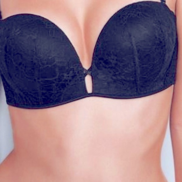 New BOMBSHELL Add-2-Cups Strapless Lace Up Chantilly Lace Black Push-Up Bra 32B - Picture 1 of 5